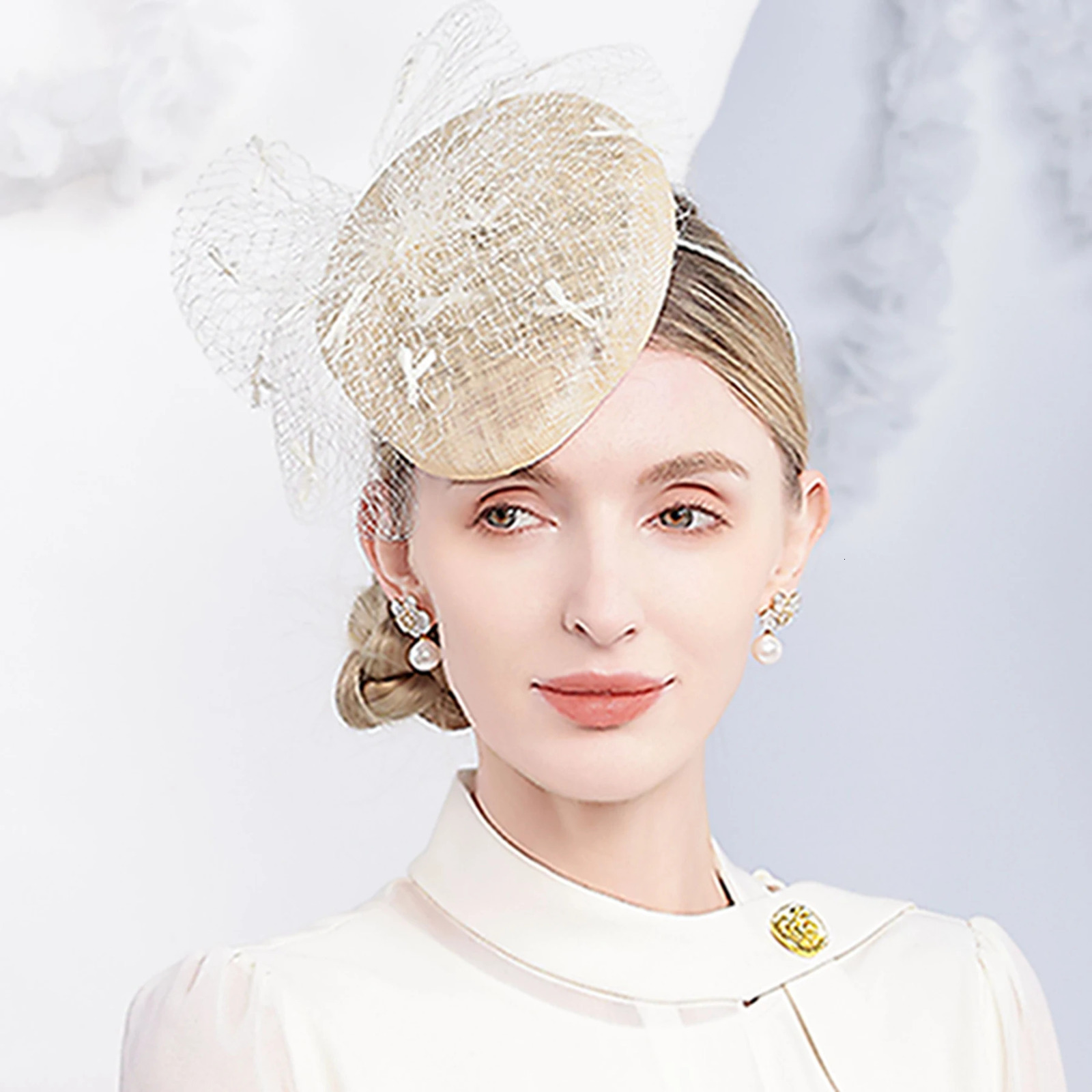Champagne Feathers Sinamay Fascinator Hat Headband Wedding Veil Tea Party Bridal Hair Accessory 250520