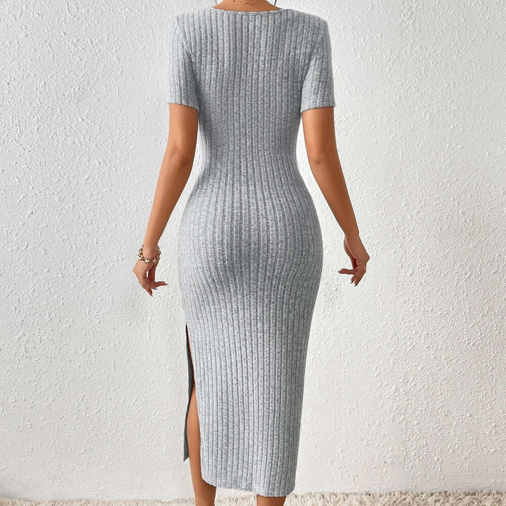 Tight Cut Out Dresses New Slit Slim Fit Bodycon Short Sleeve Square Neck Knitted Dress For Women PG Sexy Dress