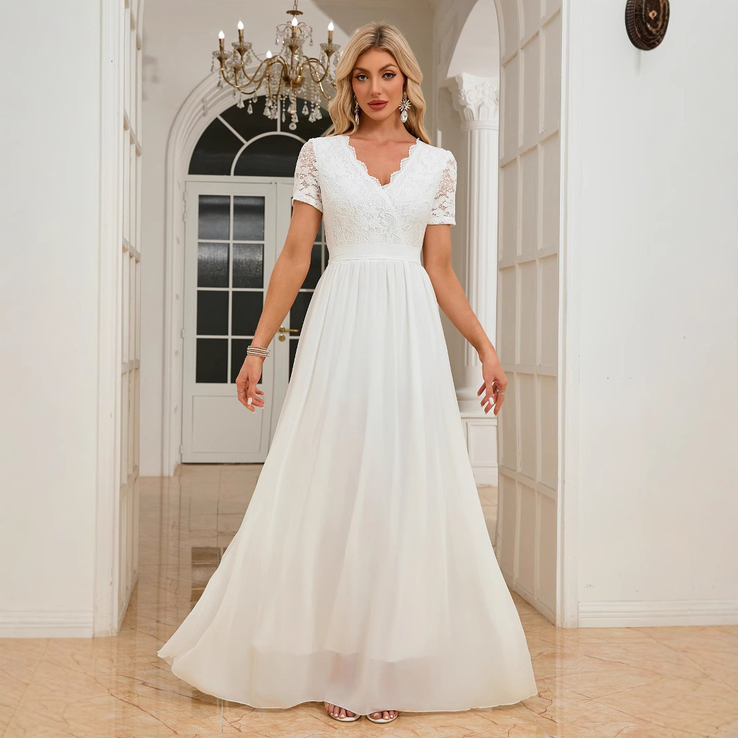 2025 lace edge splicing chiffon waist cinched long V-neck dress for wedding and evening dresses