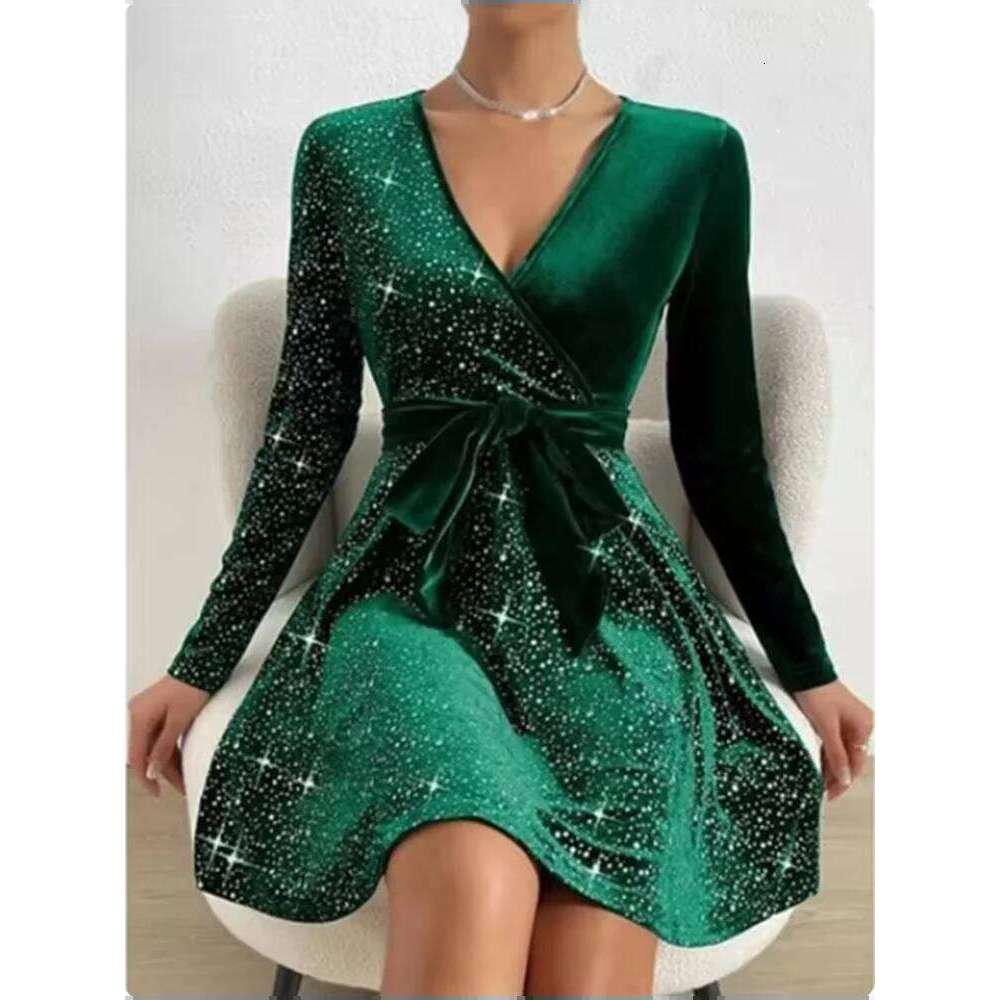 Women's V-neck Sexy Long Sleeved Sequined Solid Color Dress High Street Fashion Elegant Party Evening Dresses