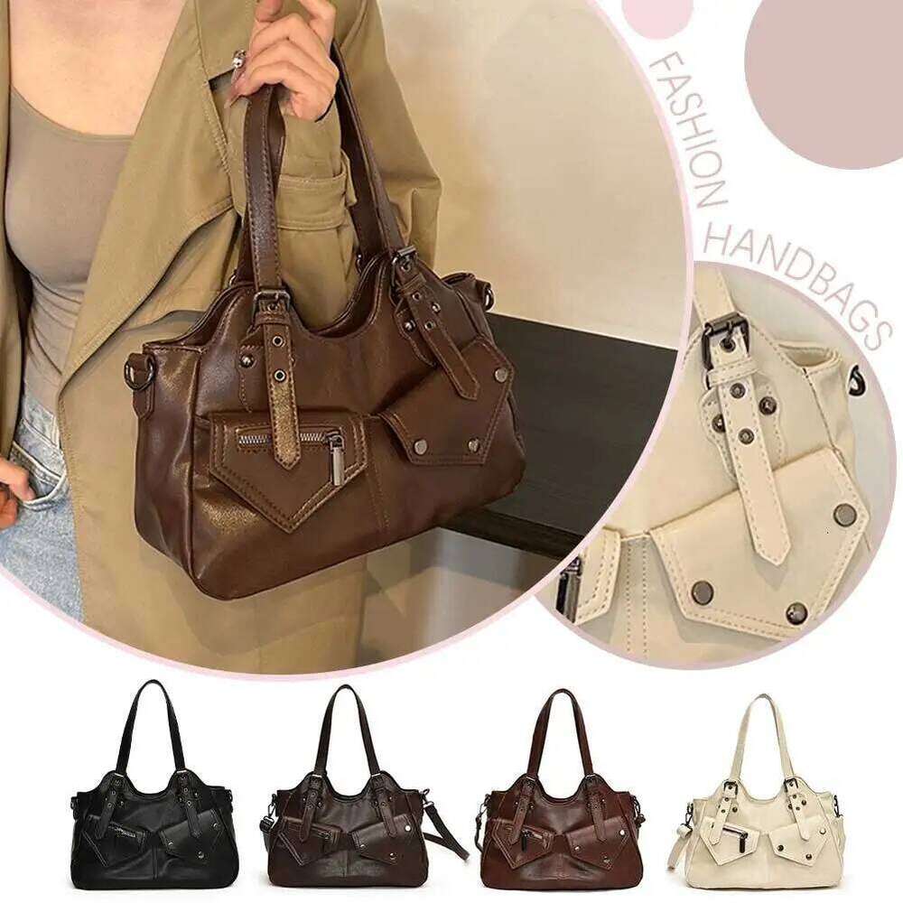 Women PU Fashion Shoulder Large Capacity Vintage Adjustable Strap Slouchy Tote Handbag Multi-pockets Chic Hobo Bag