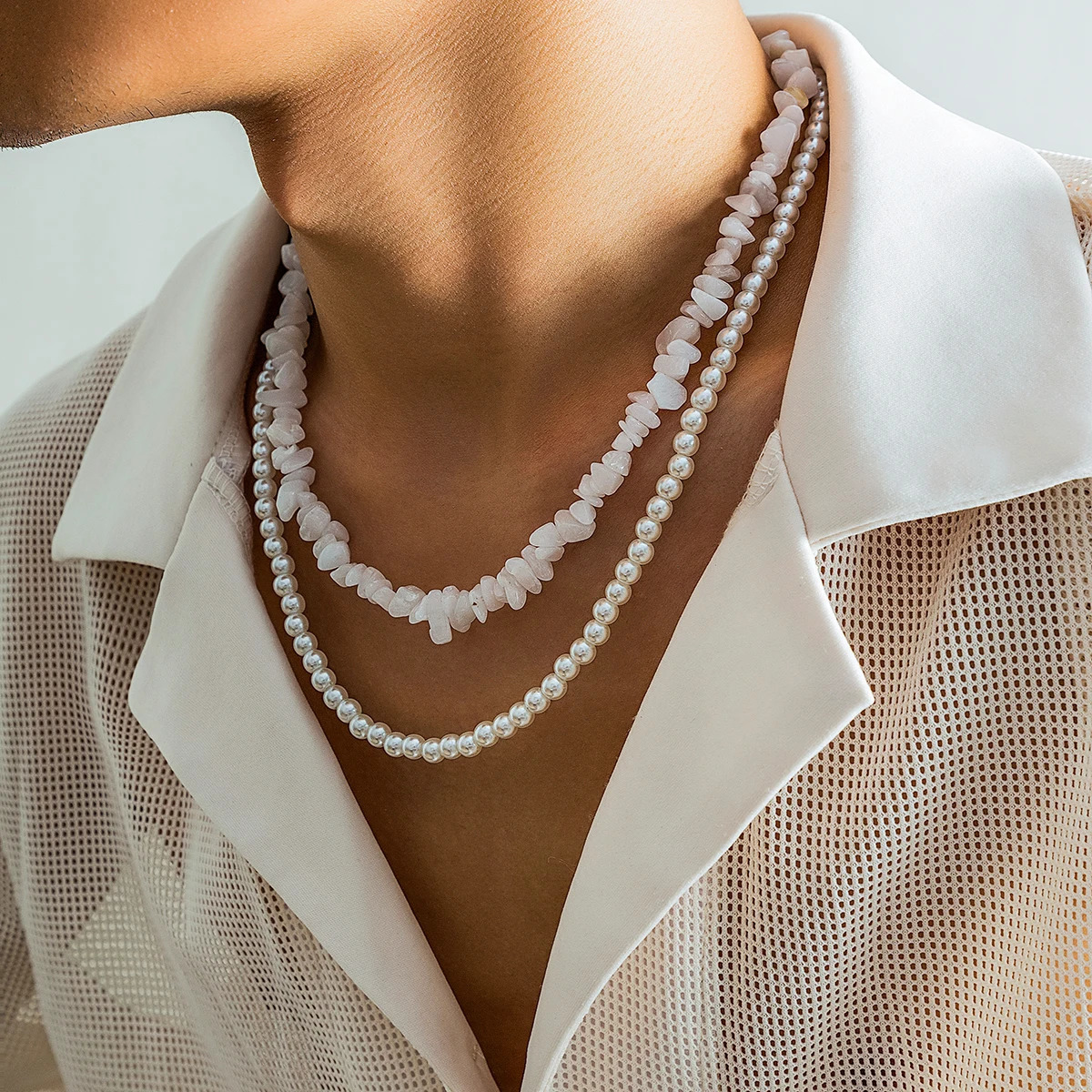 KunJoe 2pcs/set Pearl Beads Choker Necklace for Men Women Boho Geometric Irregular Stone Clavicle Chain Jewelry 250522