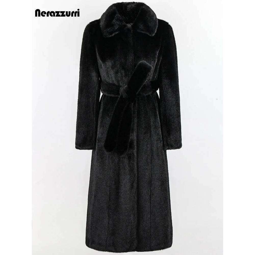 Nerazzurri Winter Long Elegant Black Fitted Thick Warm Soft Fluffy Faux Mink Fur Coat Women Sashes Turn-down Collar 2022