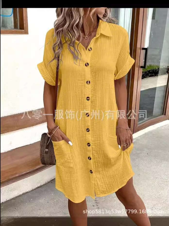 Backless Sexy Dress Casual Solid Color Cotton Linen Button Down Mid Length Short Sleeve Loose Dress Women S Clothing Sexy Flowy Dresses