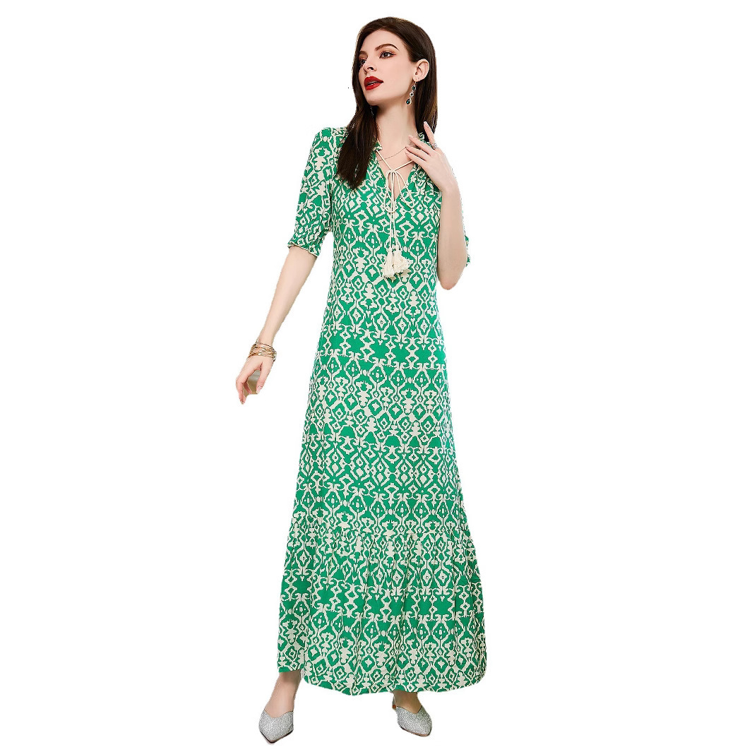 Summer New Womens Loose Medium Sleeve Dress Printed Beach Skirt