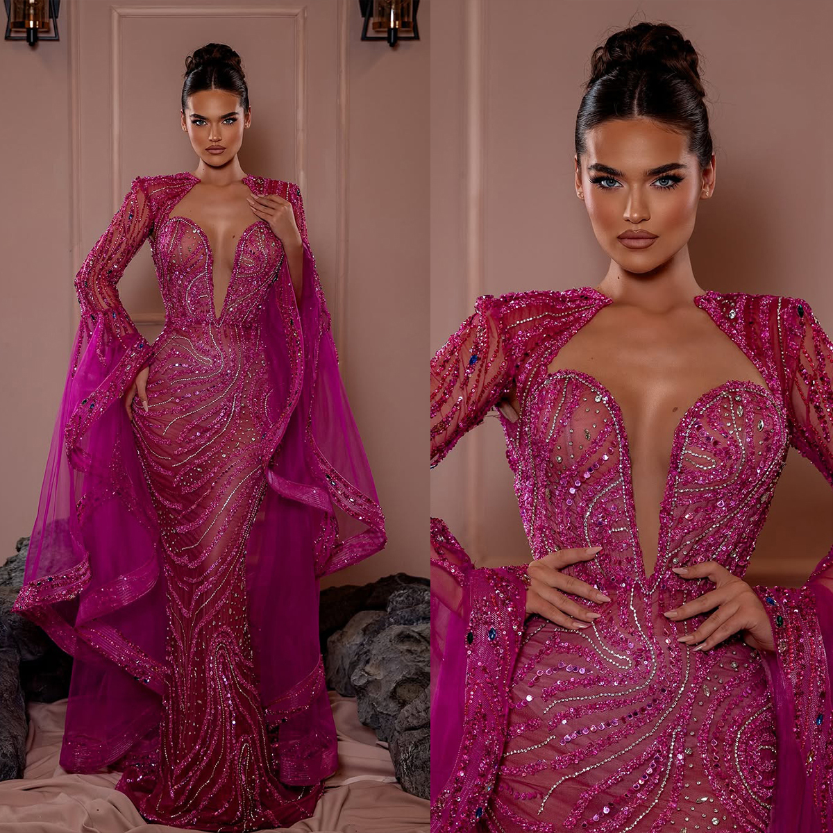 Fashion Sequins Evening Dresses Rhinestone Prom Dress Beading Flare sleeve See Through Mermaid Party Gowns Vestidos De Noche Plus Size