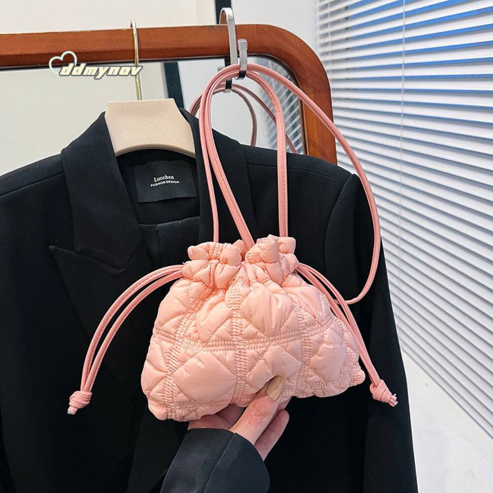 Women Drawstring Shoulder Bags Detachable Strap Quilted Crossbody Bag Solid Color Soft Padding Handbag for Outdoor Travel ddmynov