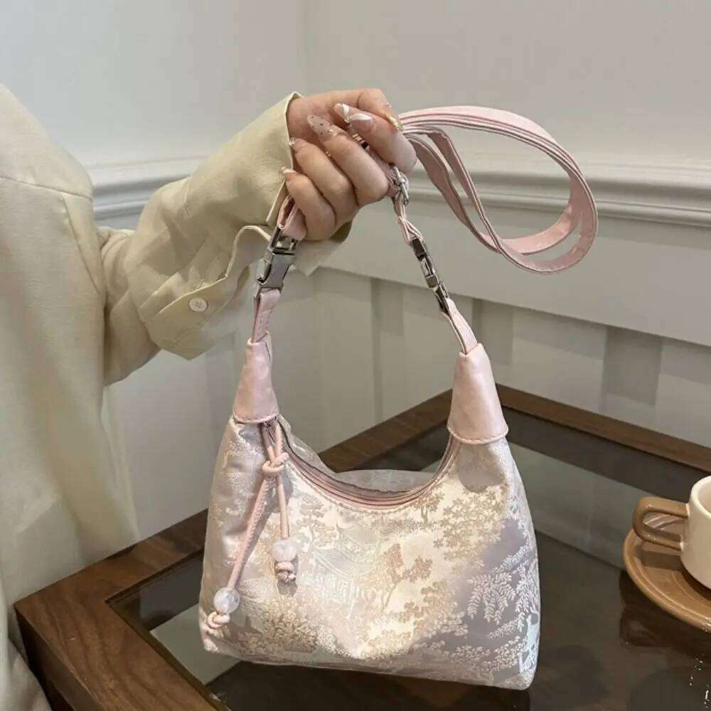 Hot Selling Sweet Embroidery Shoulder Nylon Texture Pearl Pendant Crossbody Bag Small Bucket Handbag Women Girl Designer Bags