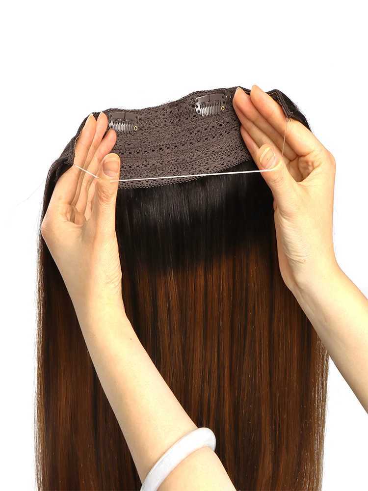 Wire Hair Extensions Human Hair Straight Remy Invisible Fishing Wire Balayage Ombre Blonde Golden Hair Extensions with 4 Clips S25526