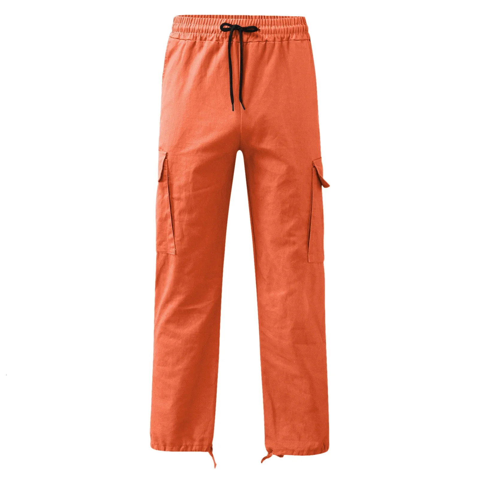 Orange Cargo Pants Men Streetwear Casual High Waist Solid Color Sports Pants Multi Pockets Jogging Hip Hop Cargo Trousers Men 250526