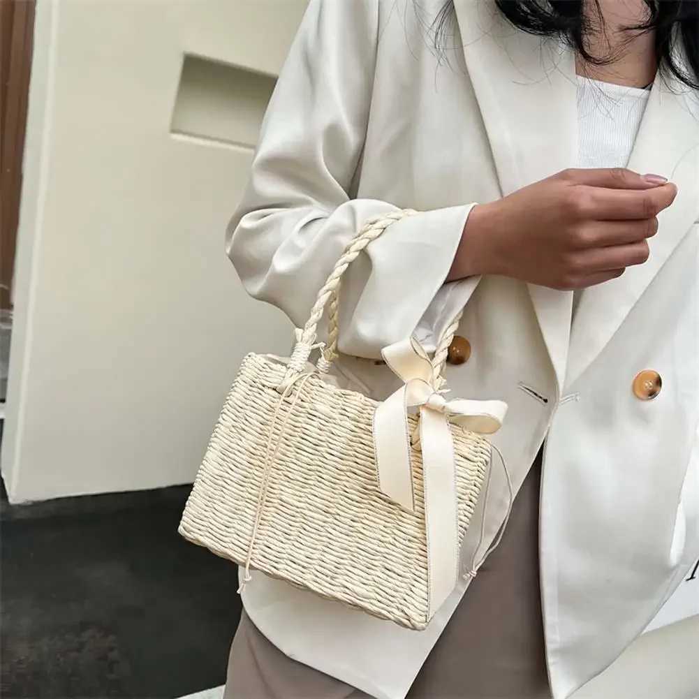 Women Fashion Rattan Silk Ribbon Handbag Straw Square Basket Vintage Tote Clutch W250524