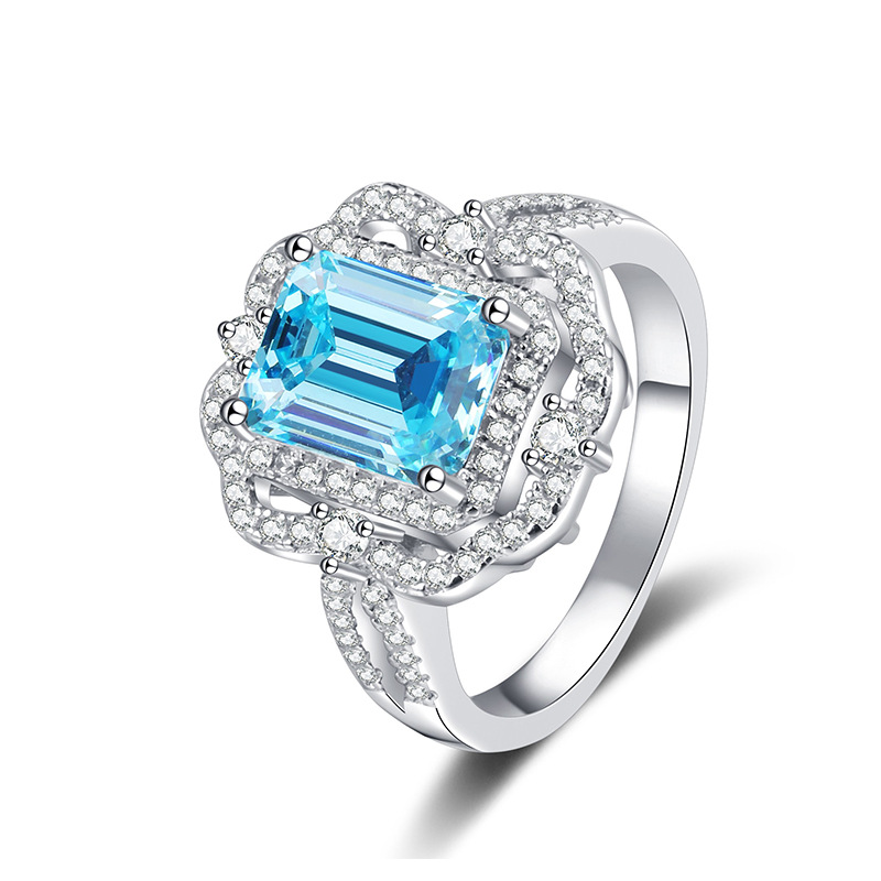 Elegant Emerald Cut Blue Gemstone Ring for Women, Double Halo 925 Sterling Silver Statement Cocktail Jewelry for Party or Gift