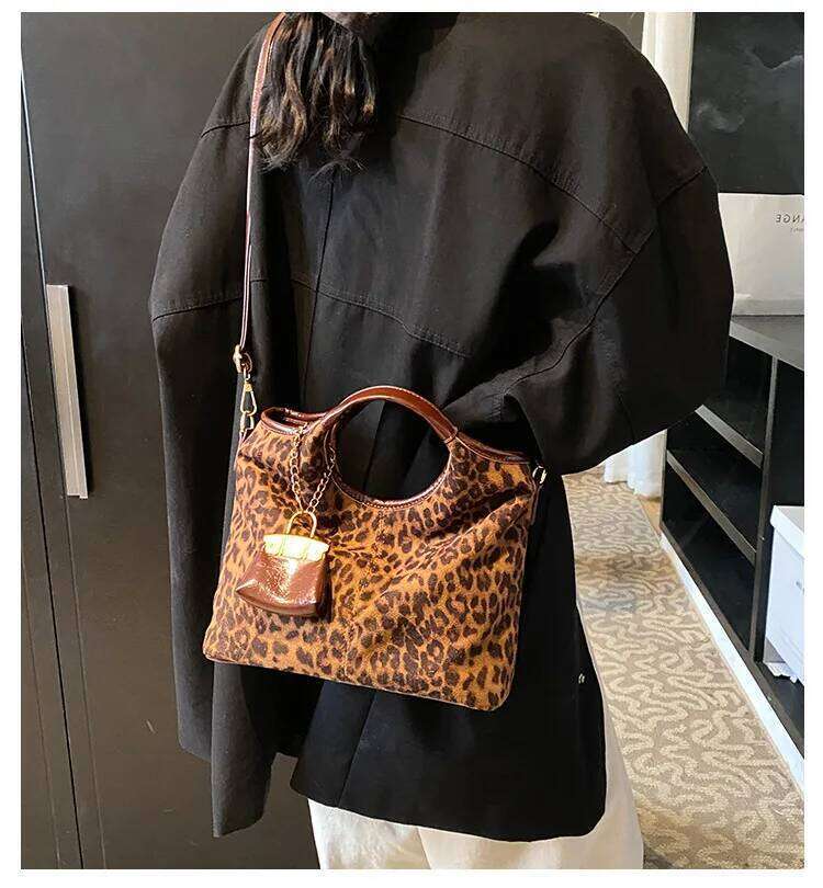 2025 Vintage Oversized Tote - Suede Leather Crossbody Purse with Leopard Print, Convertible Shoulder Bag for Women