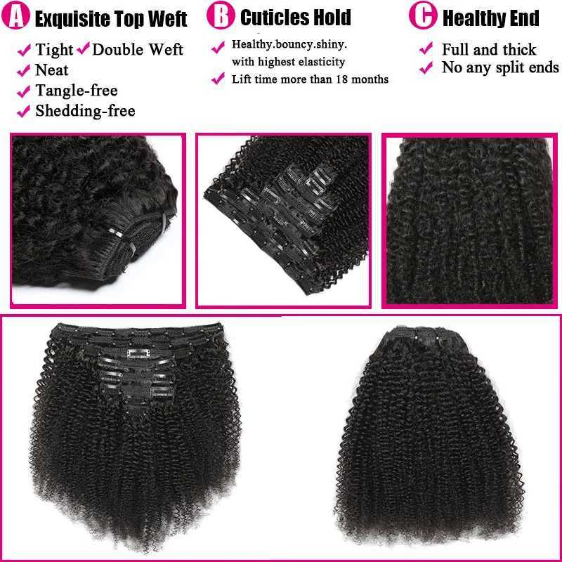 Afro Kinky Curly Clip In Hair Extensions Human Hair 12A Brazilian Virgin Remy 100% Human Hair 8pcs 120g/set Natural Color S25526