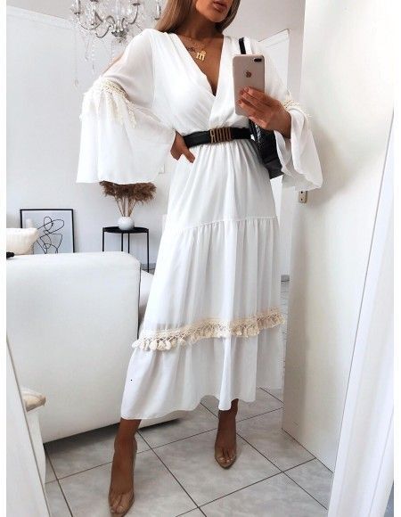 Womens Autumn New Casual Long sleeved White V-neck Dress Mid length Dress Without Belt