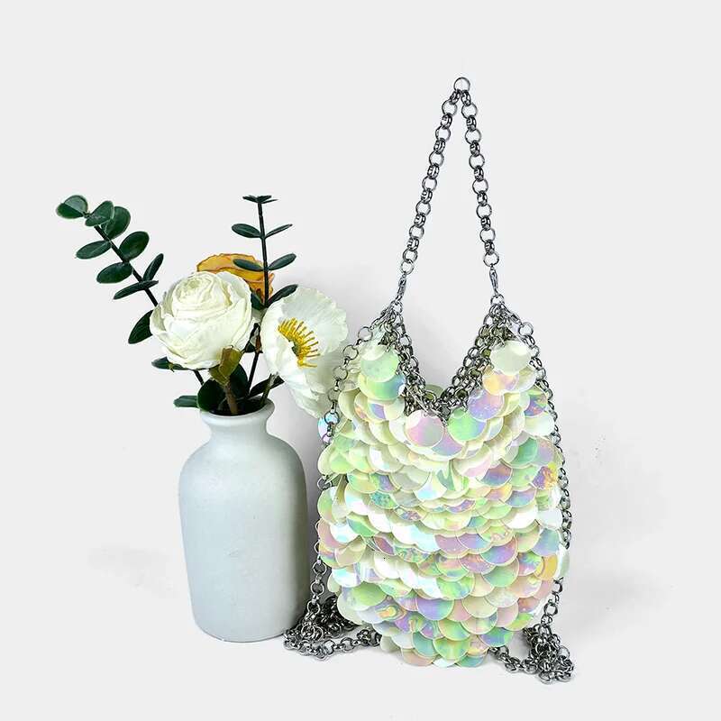 new shiny bundling colorful fish scale sequin hand woven banquet bead mobile phone crossbody women's bag