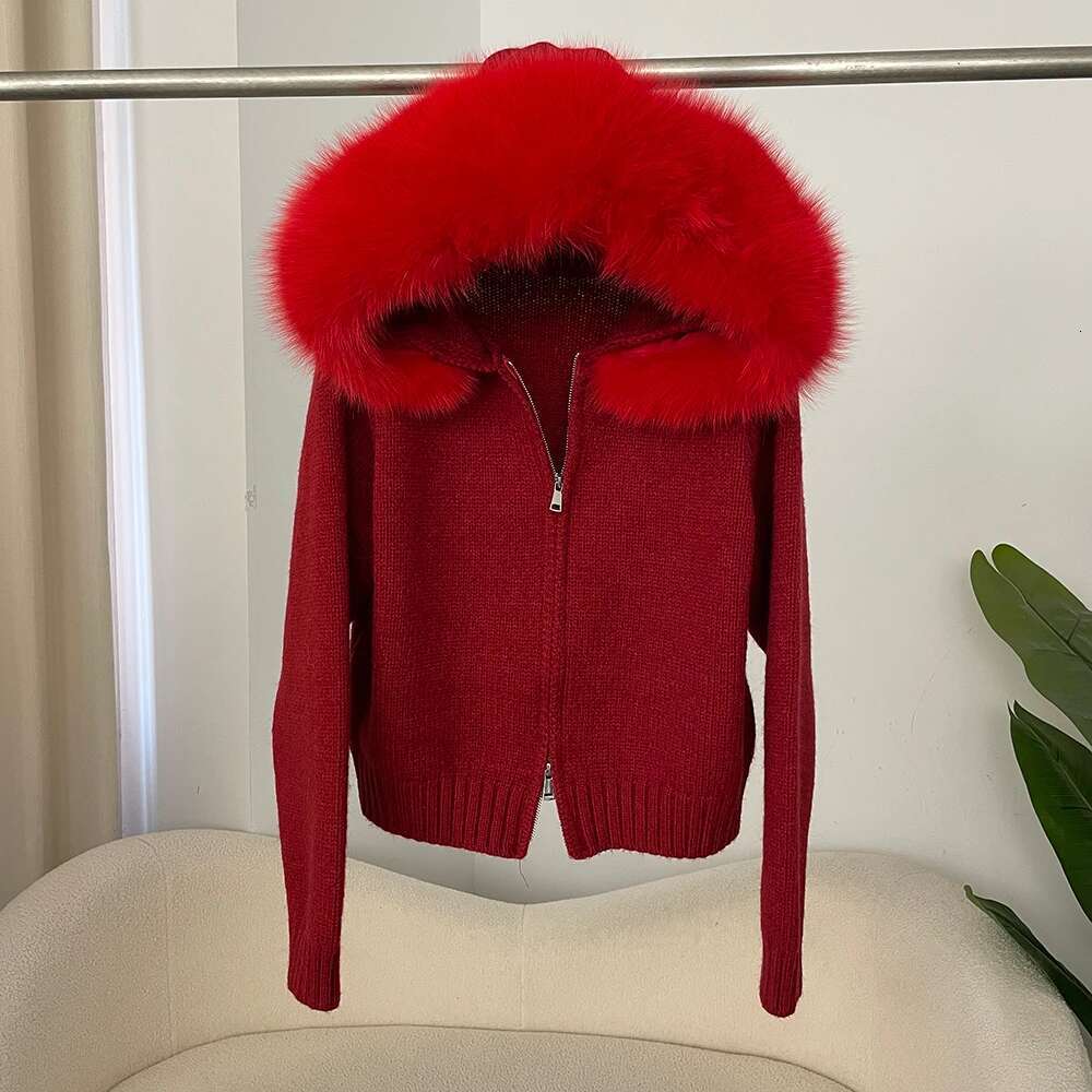 WHOLESALE 2025 New Spring Casual Hooded Fox Collar with Solid Color Sweater Women Real Fur Coat Zipper Warm Tops