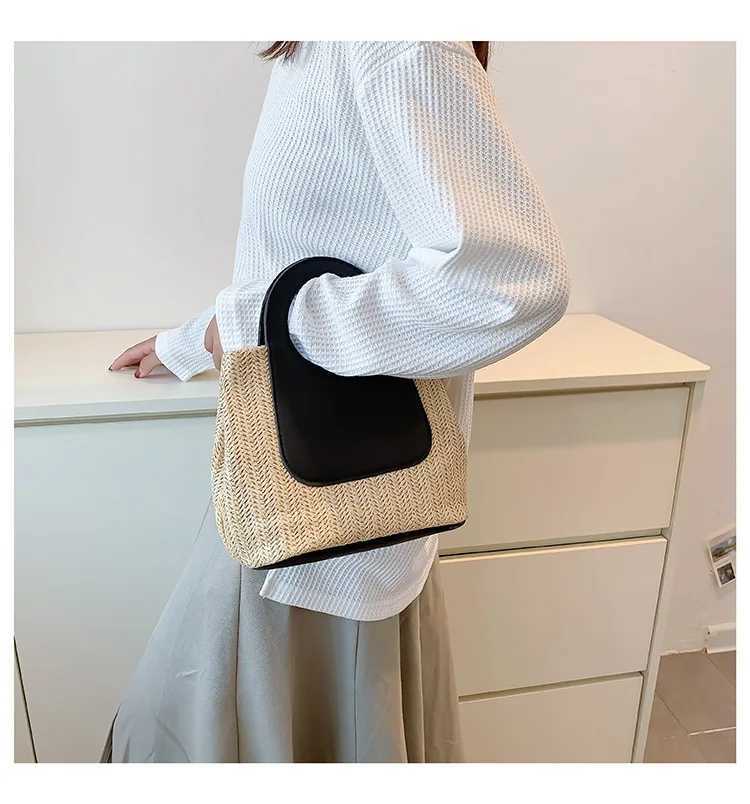 New Vintage Color Patchwork Straw Bag Large Capacity Hand-woven Bag Simple Fashion Shoulder Handbag W250524