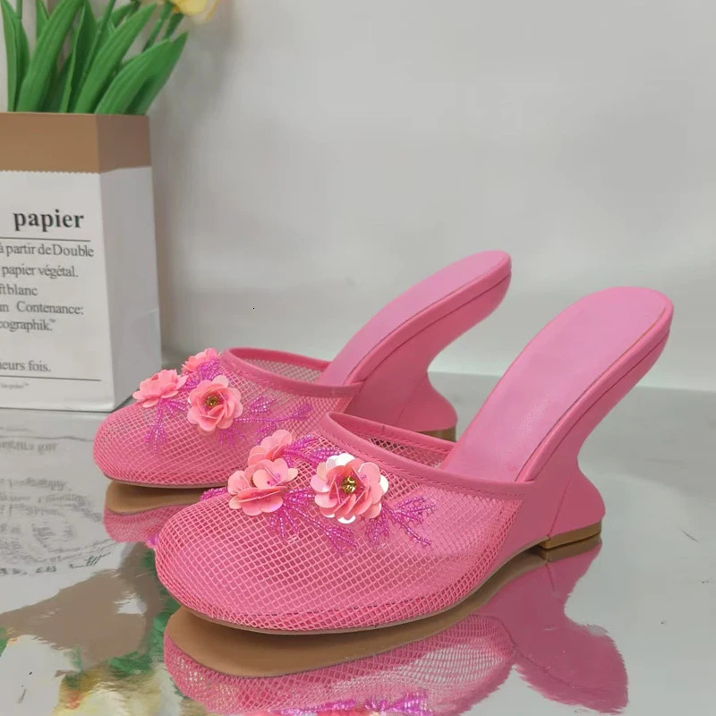 Mesh Beads Embroidered Closed Toe Wedge Slippers Woman Summer Flower Eva HalfCovered High Heel Sandals Outerwear 250526BJ - view 5