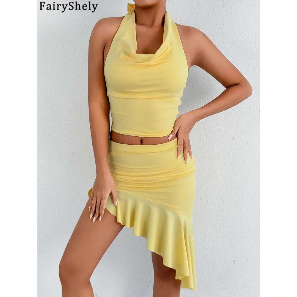 Fairyshely Sexy Solid 2 Piece Mini Set 2025 Halter Top Summer High Waist Skirts Suits Bodycon Women Party Tight Dress Suit