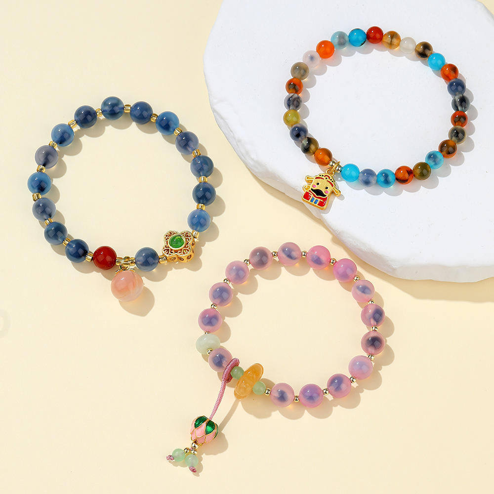 Temple style Sugar Heart Agate Bracelet, Women's New Chinese Handstring, Good Luck Peach Pendant, Bracelet