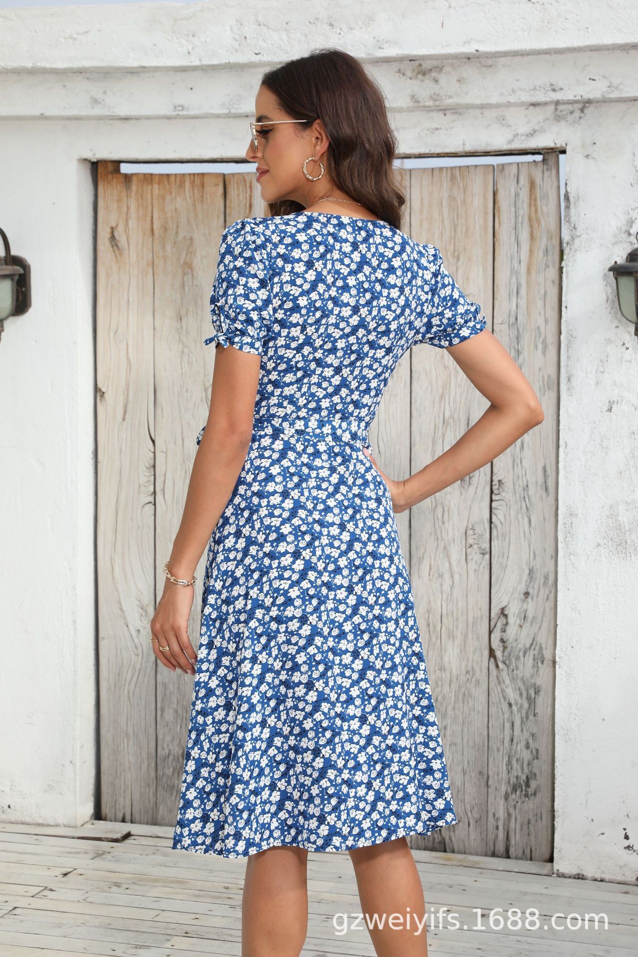 Dress Summer Deep V Beach Print Dress Selection Mid length Dress Lace Up