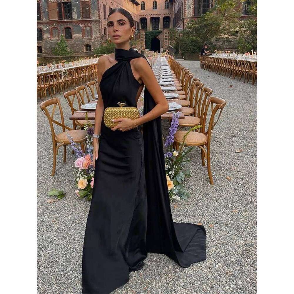 Ribbon Hanging Neck Long Dresses Women Printed Sleeveless Backless Slim High Waist Halter Party Dress 2025 New Hip Package Robe