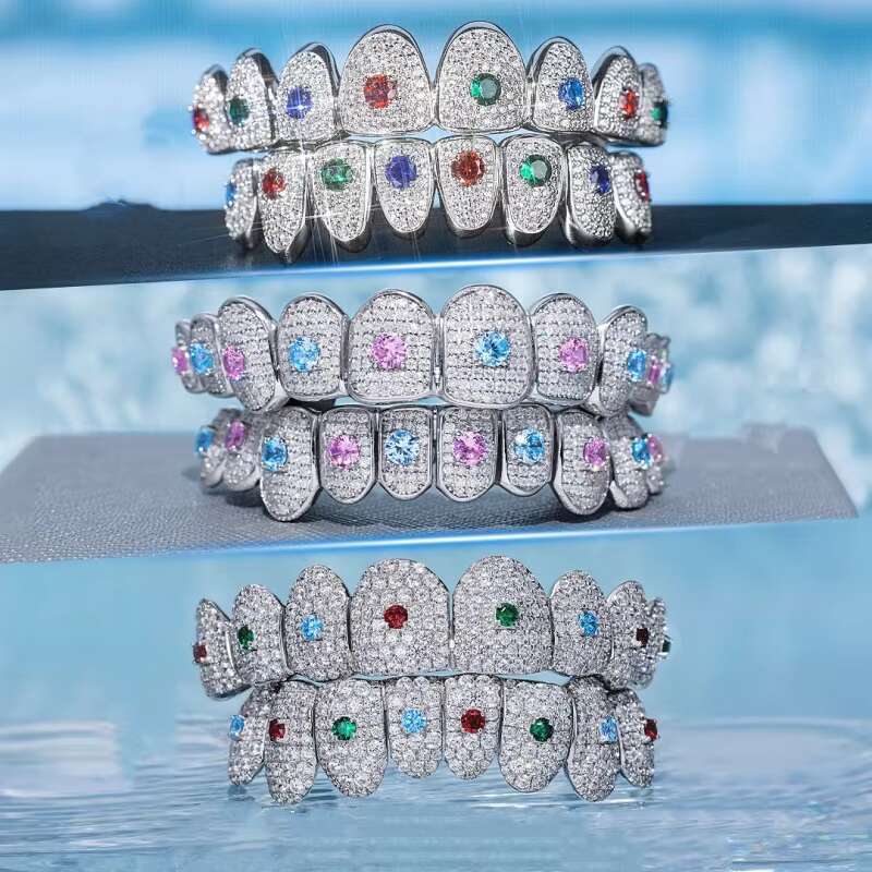 Custom Made Dental Grills Iced Out 925 Sterling Silver Jewelry Zigzag Setting Multi Color Vvs Moissanite Diamonds Teeth Grillz
