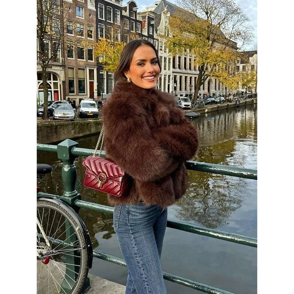 PB&ZA Women's 2024 Autumn/Winter New Jacket Flip Collar Artificial Fur Effect Brown Maillard Short Coat