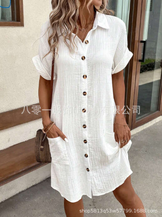 Backless Sexy Dress Casual Solid Color Cotton Linen Button Down Mid Length Short Sleeve Loose Dress Women S Clothing Sexy Flowy Dresses