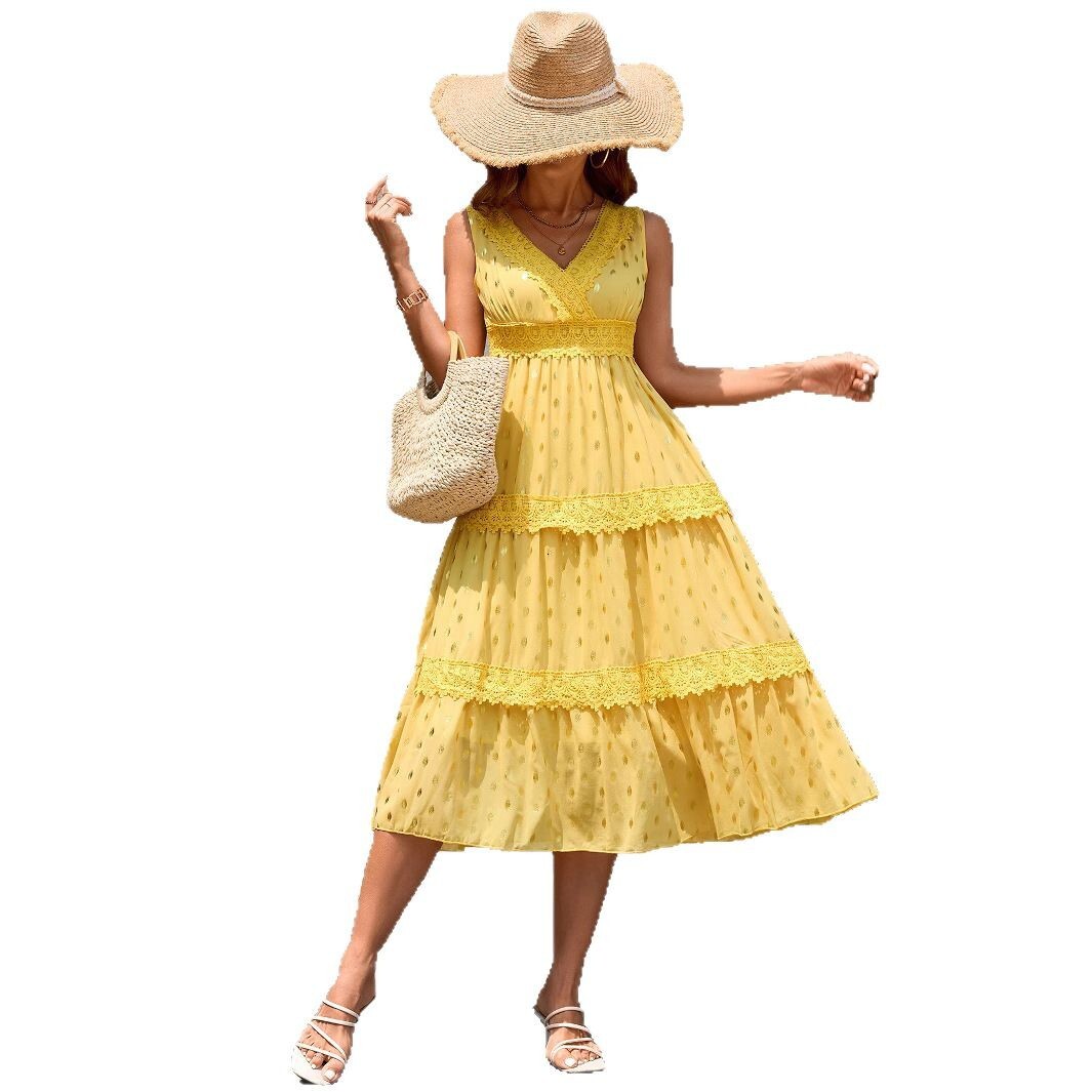 2025 Summer New Womens Sexy Deep V Sleeveless Lace Dress Beach Party Dress