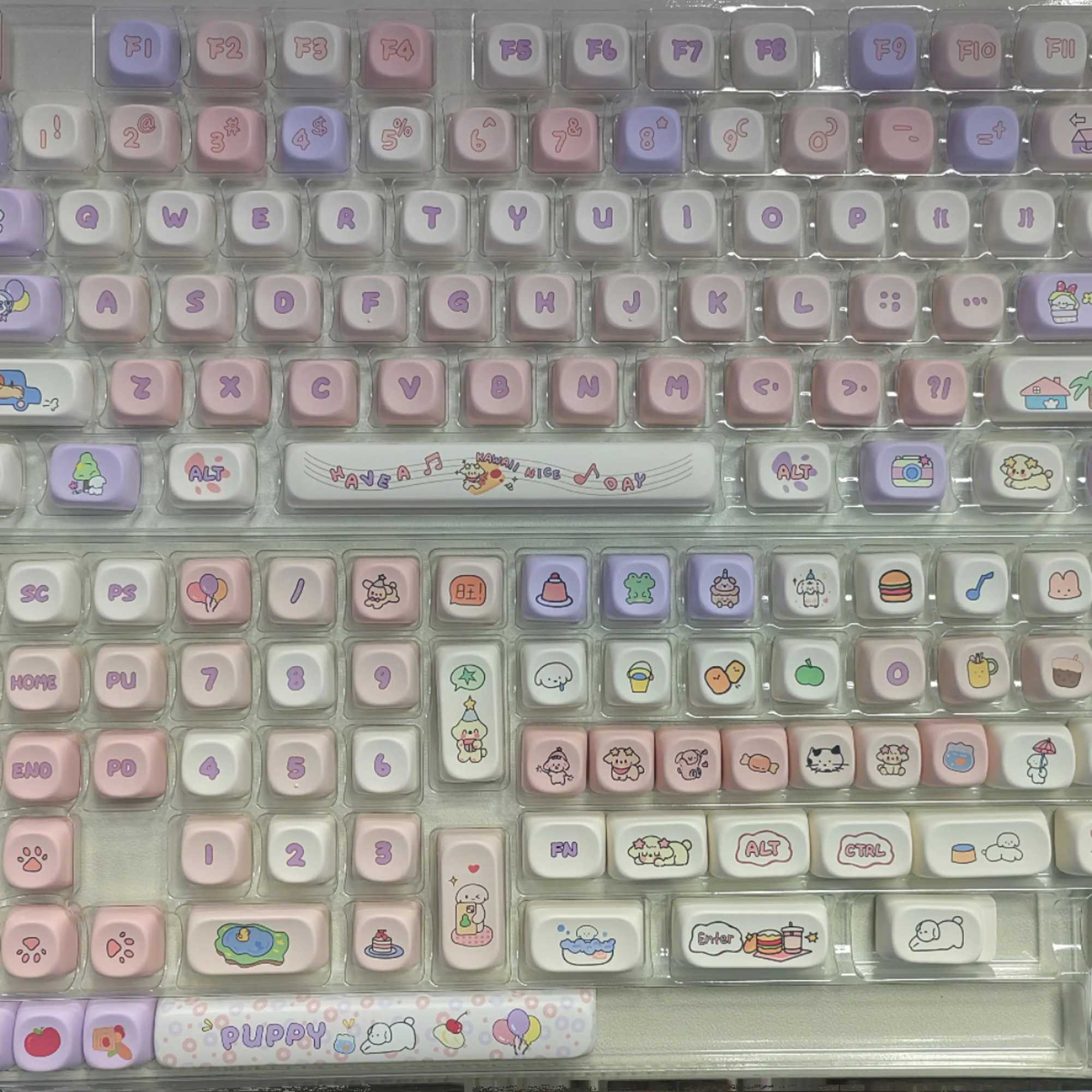 142 Keys Happy Puppy Theme Keyca MOA Profile PBT Thermal Sublimation Cartoon Cute Keycap Pink Purple Mechanical Keyboard Ca R250526