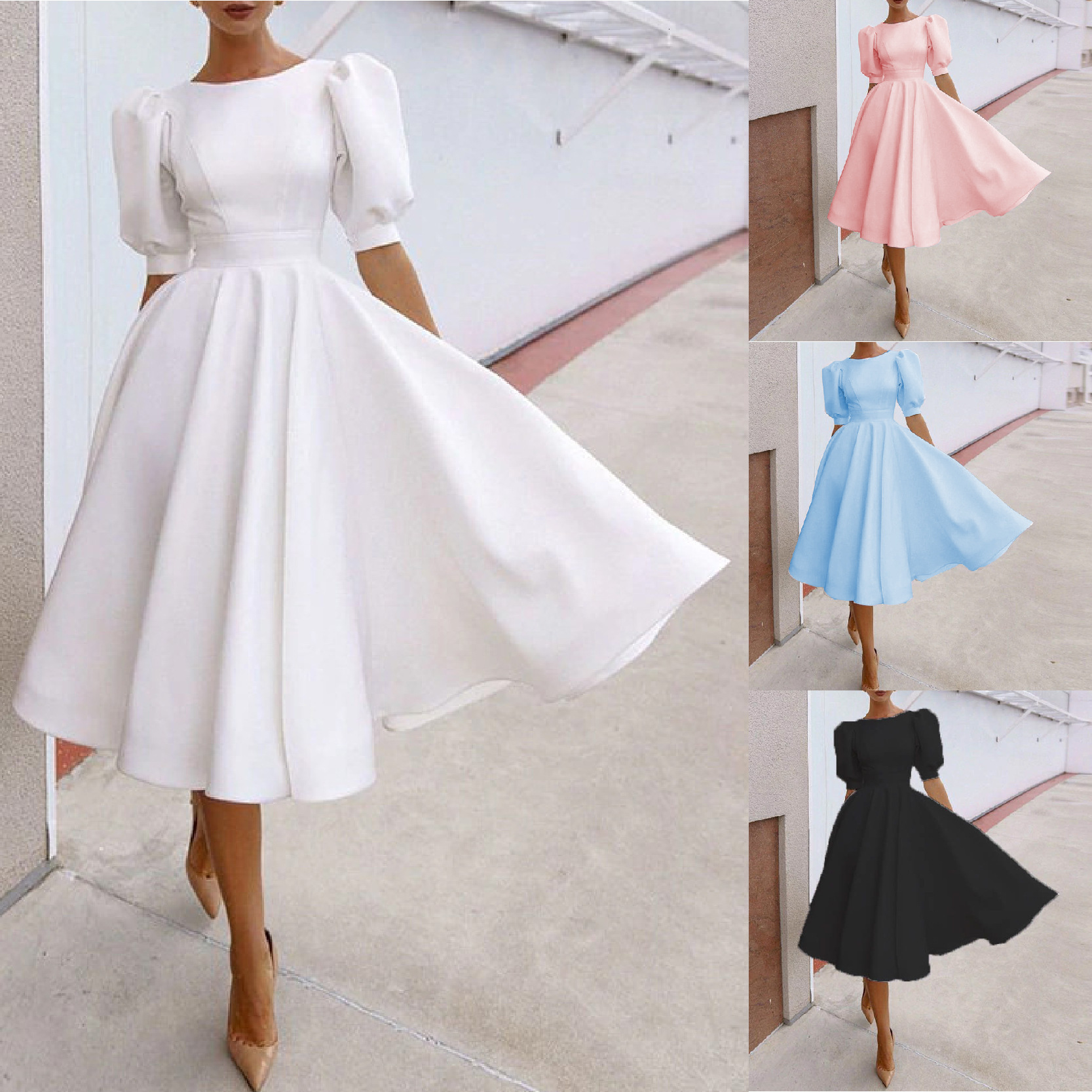 Spring and summer new solid color slim womens dress fashion sexy big swing short sleeved middle skirt