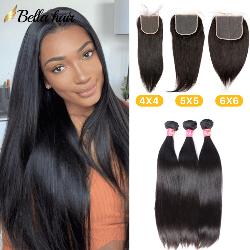 Straight Lace Closure With Bundles Sleek Straight Remy Human Hair Weft Extensions Virgin Human Hair Closure 4x4 5x5 6x6 Add 3 Hair Weaves Full Head Ti