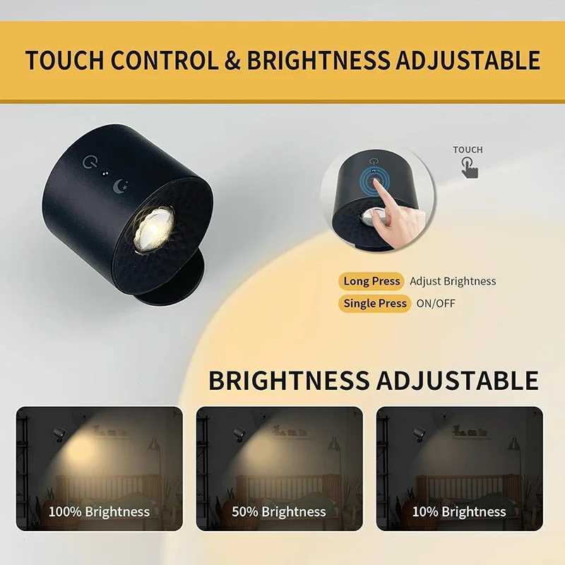 LED Double Head Wall Lamp Touch Control Remote 360 Rotatable USB Recharge Wireless Portable Night Light For Bedroom Reading LampXJ250526