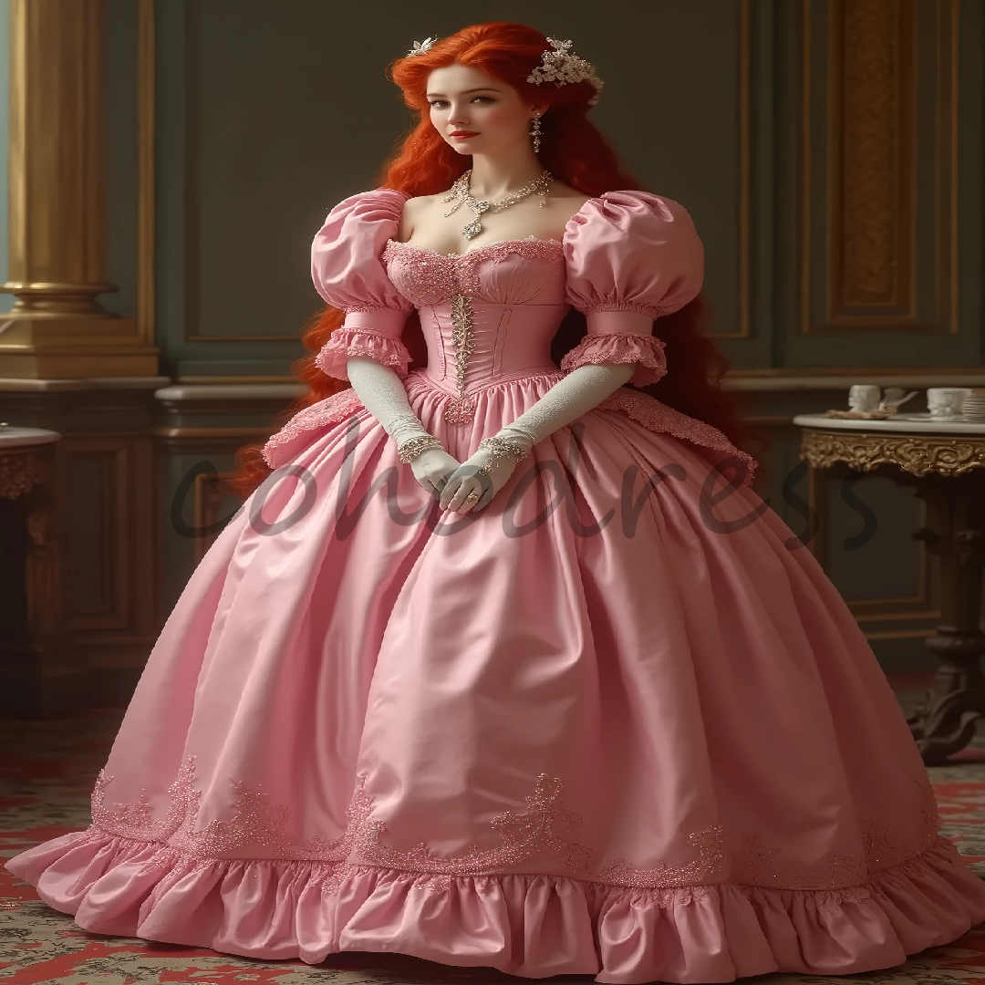 Duchess Style Pink 1860s Prom Dress With Lace Medieval Puff Sleeve Enchanted Evening Dress Cosplay Cinderalle Party Dress Halloweeen Costume Formal Dr