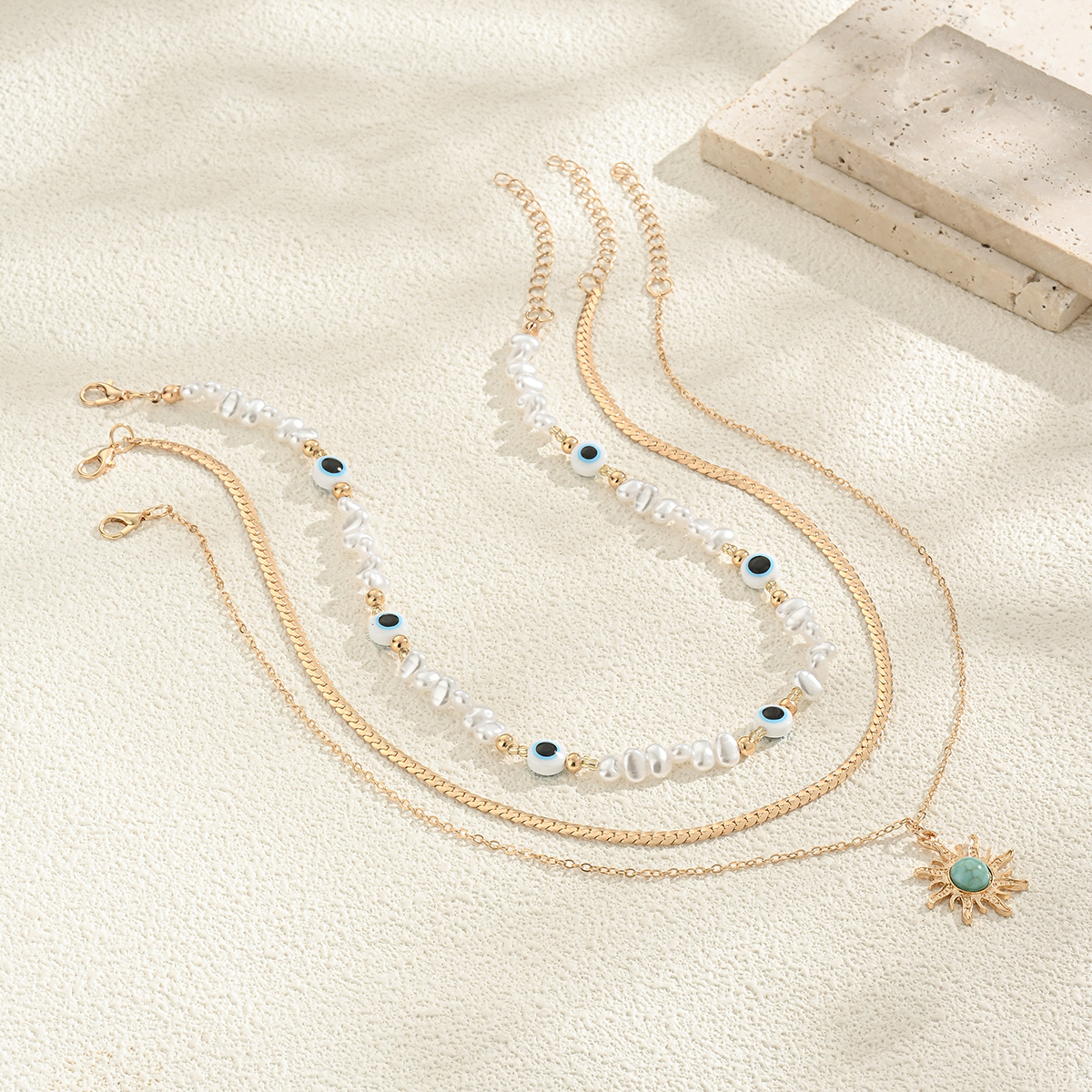 European and American Cross border Trendy Vintage Eight Pointed Star Pendant Necklace with Evil Eye and Imitation Pearl for Women Ideal for Layered We