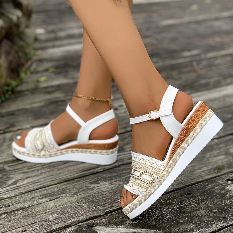Plus Size Wedges Bohemian Sandals for Women Summer 2025 Platform Thick Bottom Sandles Woman Embroidery Lightweight Rome Sandals 250519