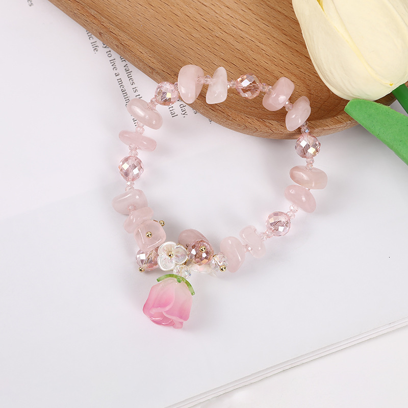 pink irregular stone crystal for girls, lotus seed pendant board, flower copper plated bracelet