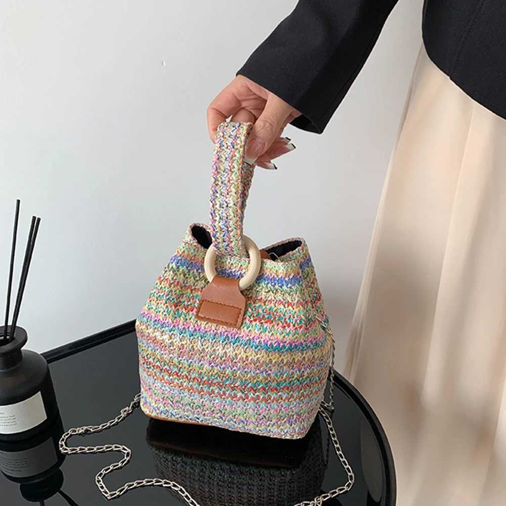 Colorful Straw Bucket Bag Fashion Hand-Woven Mini Bucket Bag Women Chain Sling Purses Female Crossbody Bag Summer Tote Hobo Bag W250524
