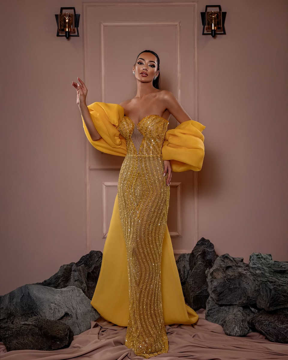 Fashion Evening Dresses For Women Sweetheart Neck Sleeveless Wrap Gown Sequins Sweep Train Dress Party Customized Dress