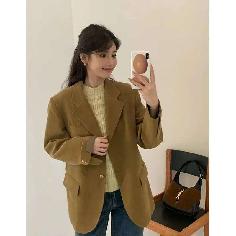 Modern Loose Cotton Corduroy Blazer Jacket With Gold Buckle Casual Style Mini Suit Coat For Women Dongdaemun Korea