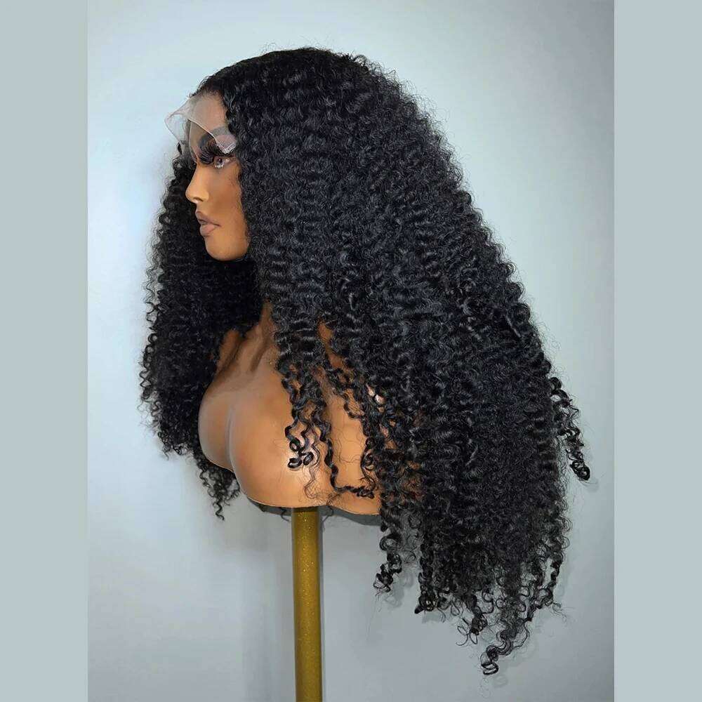 Natural Black Soft 26Inch Long 180Density Kinky Curly Deep Lace Front Wig For Women Babyhair Glueless Preplucked Daily