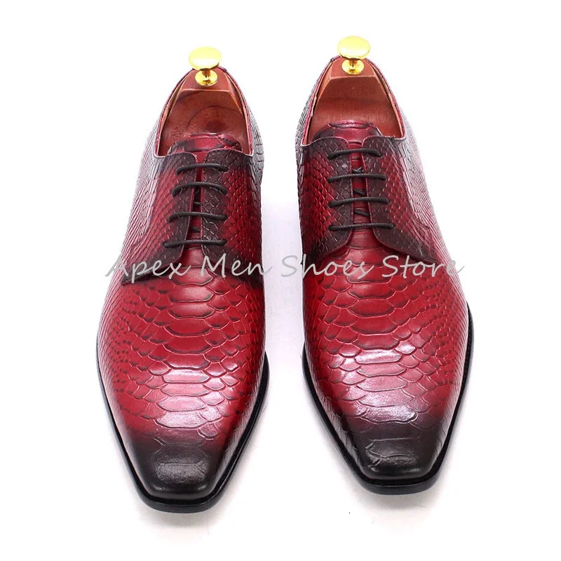 Mens Red Snakeskin Oxfords Round Toe Formal Shoes Handmade Lace Up Pattern n Genuine Leather Business Derby Shoes 250526