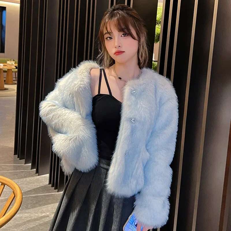 Korean Sweet Doll Collar Gradient Blue Imitation Jacket Winter Women Single-breasted Long Sleeve Faux Fox Fur Coat Female