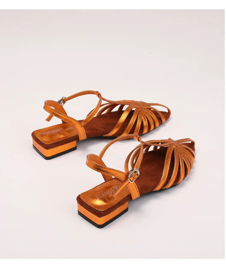 ZAROY TStrap Square Low Heel Sandals Women Shoes Retro Roman Peep Flat Cross Tied Summer Slingback Hollow Sandals 250526