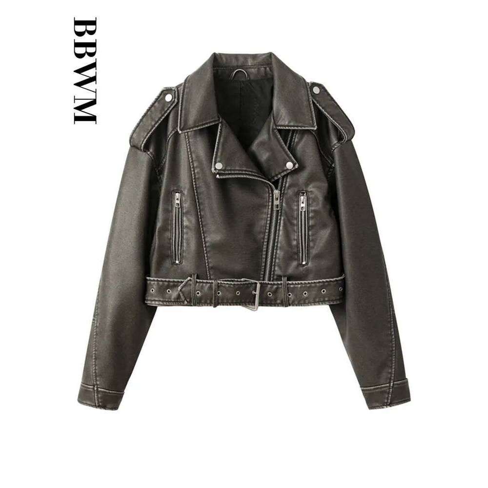 TRAF PU Retro Zipper Belt Motorcycle Street Women's Jacket 2023 Spring New Chic Short Long Sleeve Slim Fit Female Tops