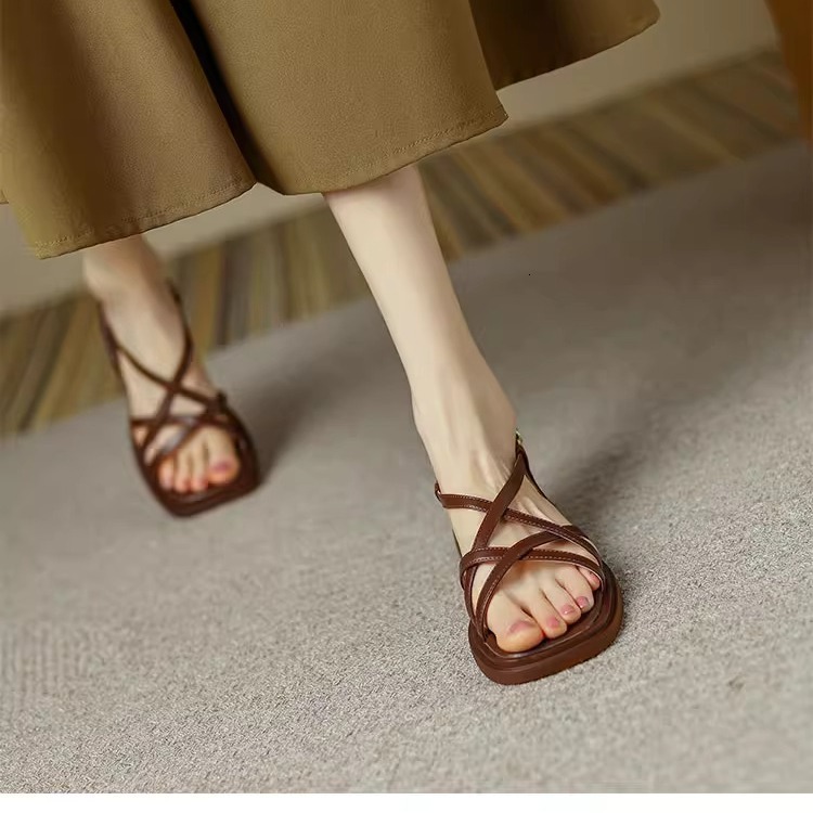 French Brown Open Toed For Women Casual Shoes Flat Bottomed Summer With A Single Beach Strap Thin Stripe Cross Low Heeled Roman Sandals Ddmysaturn