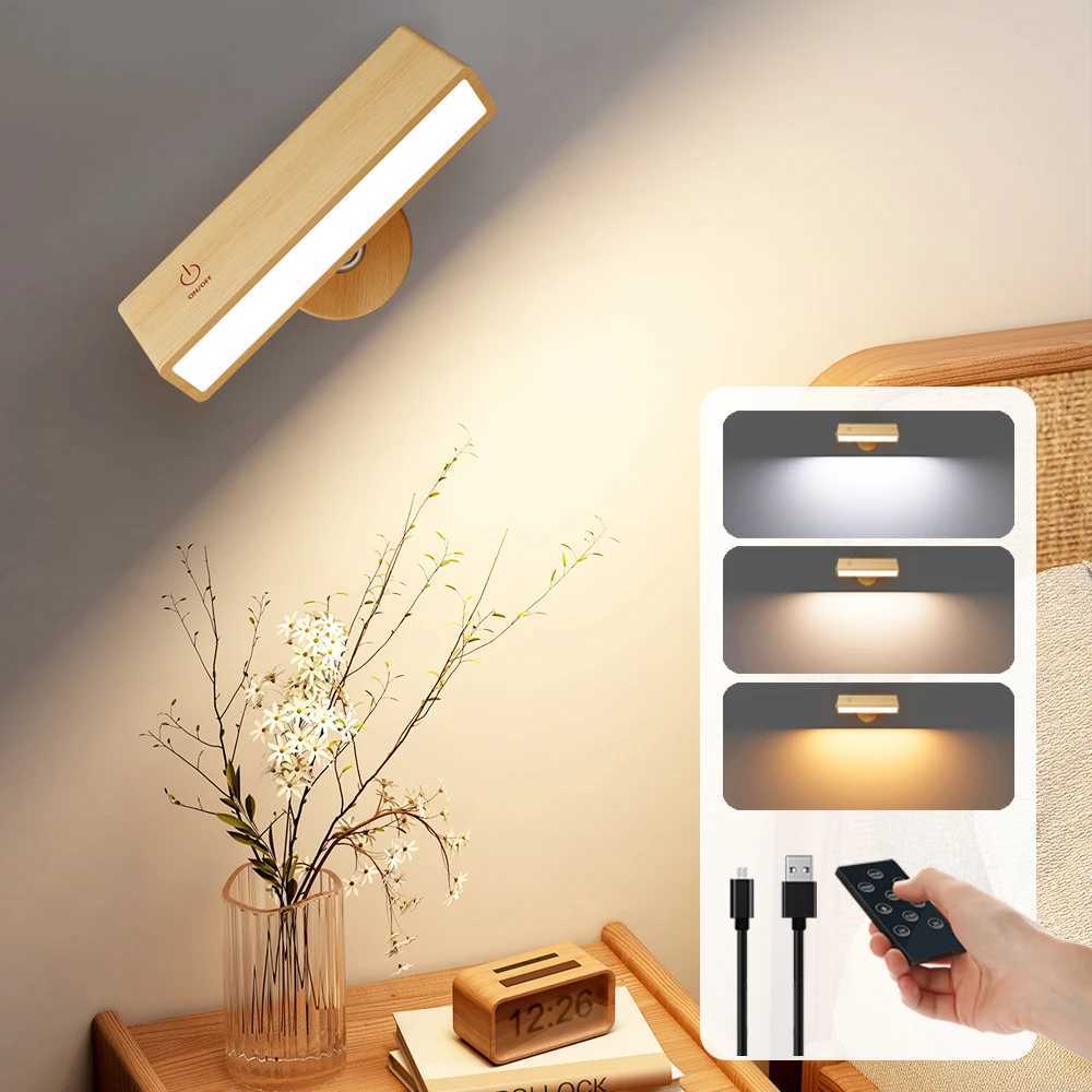 LED Wall Sconces with Remote 3 Colors Solid Wood Wall Reading Light Type C Rechargeable Bedside Lamp Mirror Lamp 360 RotateXJ250526