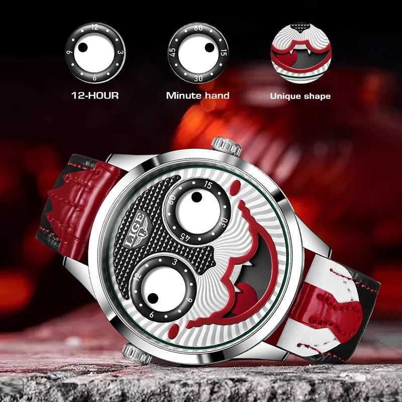 LIGE 2025 Creative Watches For Men Clown Fashion Quartz Wristwatches Waterproof Leather Strap Mens Watch Cool Joker Reloj Hombre M250526